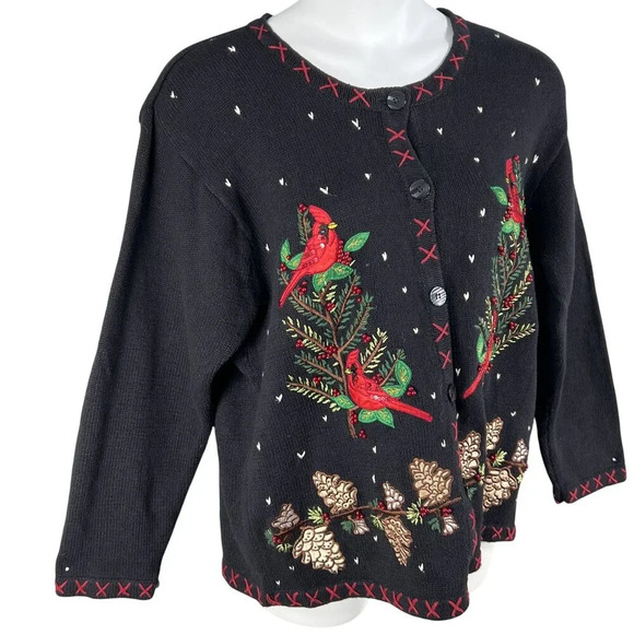 VTG In Resource Woman 2XL Black Cardinal Pinecone Embroidered Cardigan Sweater - Picture 8 of 16